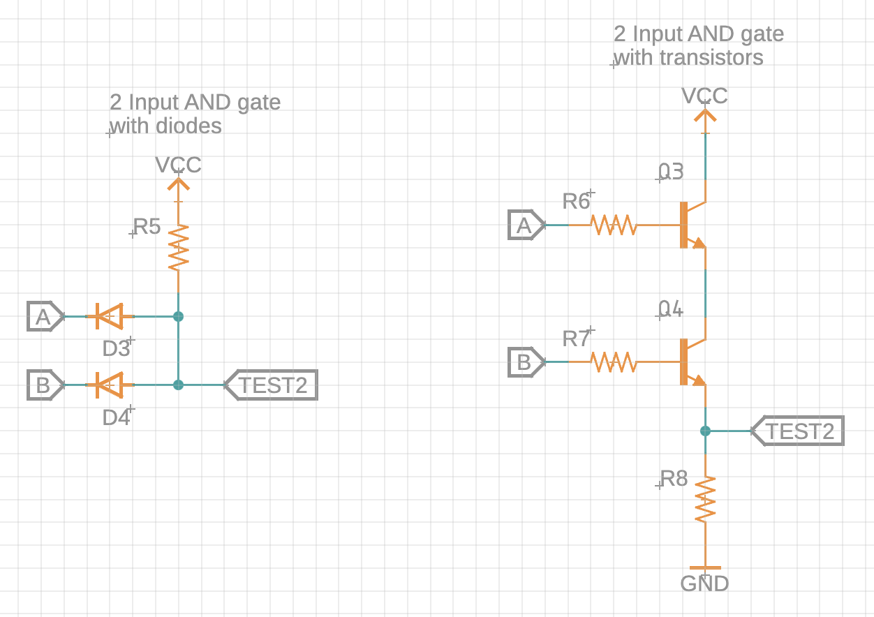 Logic AND gate options with diodes or NPN transistors