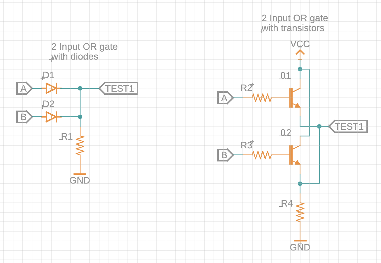 Logic OR gate options with diodes or NPN transistors
